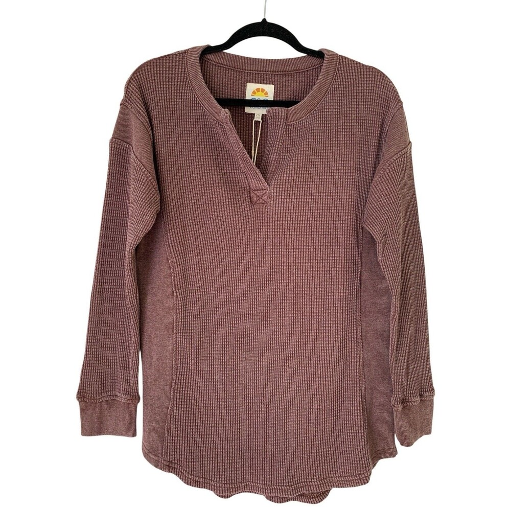 NWT C&C California Waffle Knit Garment Dye Long Sleeve Top Brown - Size Medium